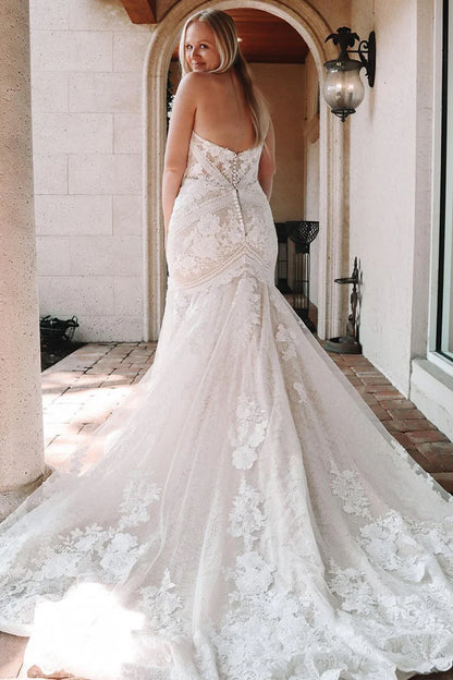 Elegant Mermaid V Neck Off-the-Shoulder Lace Slim-fit Wedding Dresses with Appliques