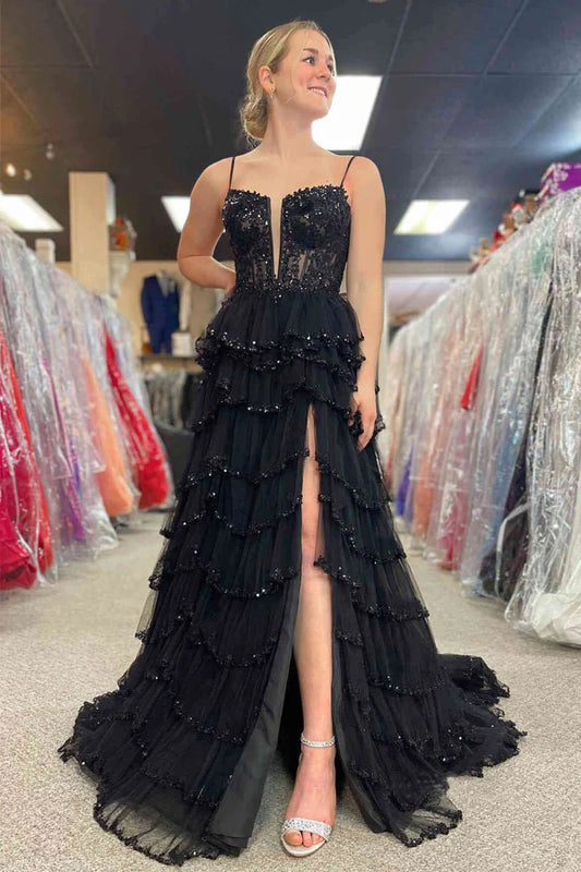 A-line Straps Plunging Neck Sequin Lace Prom Dresses