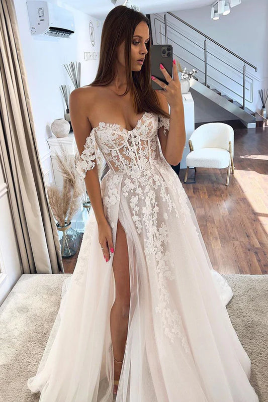 Charming A Line Off-the-Shoulder Sweetheart Tulle Split Fork Wedding Dresses with Slit