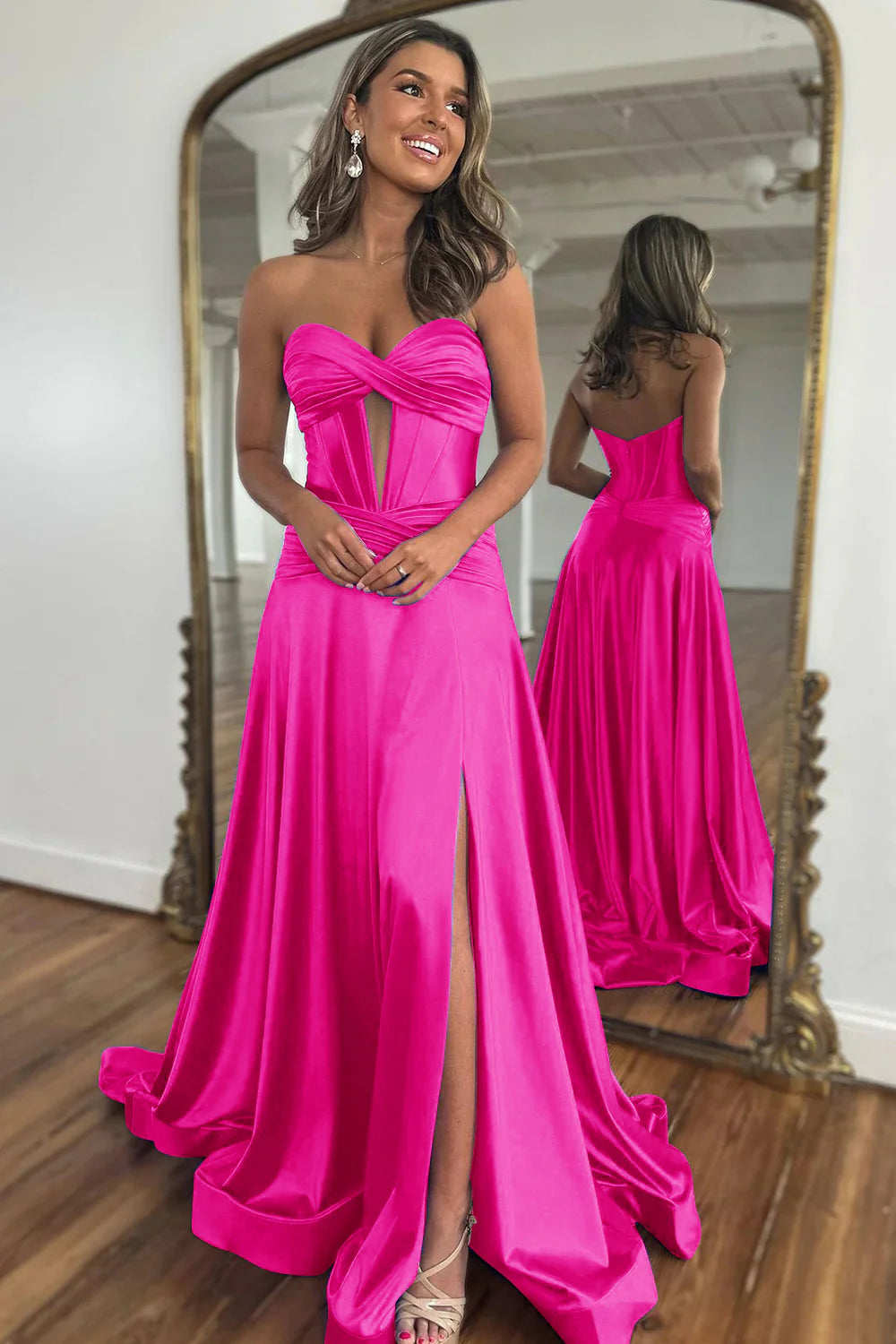Fuchsia Sweetheart Zipper Back A-Line Off-the-Shoulder Long Satin Prom Dress With Split
