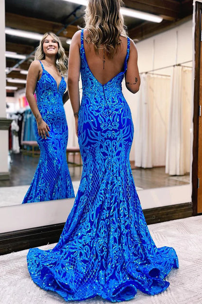 Charming Mermaid V Neck Spaghetti Strap Blue Sequins Backless Long Prom Dress with Slit