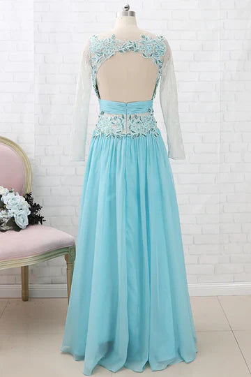 Aqua Blue Chiffon Cutout Back Appliques Long Bridesmaid Dress