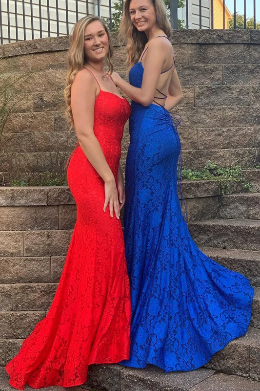 Straps Mermaid Lace Long Prom Dress