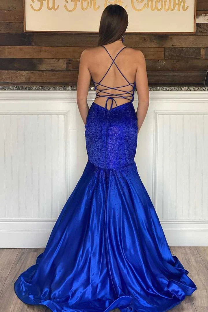 Beaded V-Neck Lace-Up Trumpet Prom Dress