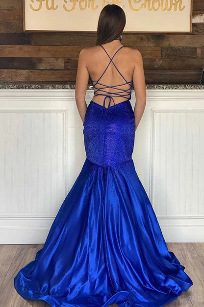 Beaded V-Neck Lace-Up Trumpet Prom Dress
