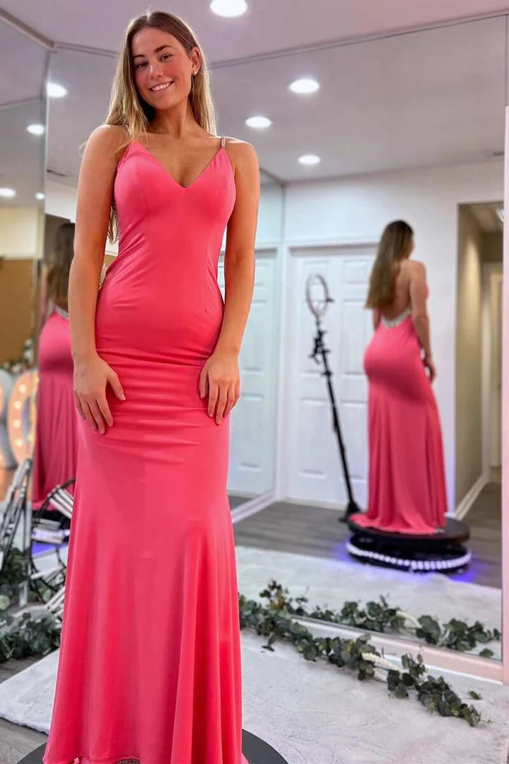 Beaded V-Neck Backless Mermaid Long Prom Dress
