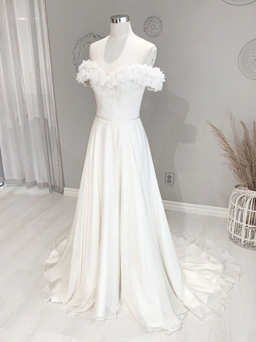 Dignified Wedding Dress Off Shoulder Flowers Beach Long Dress