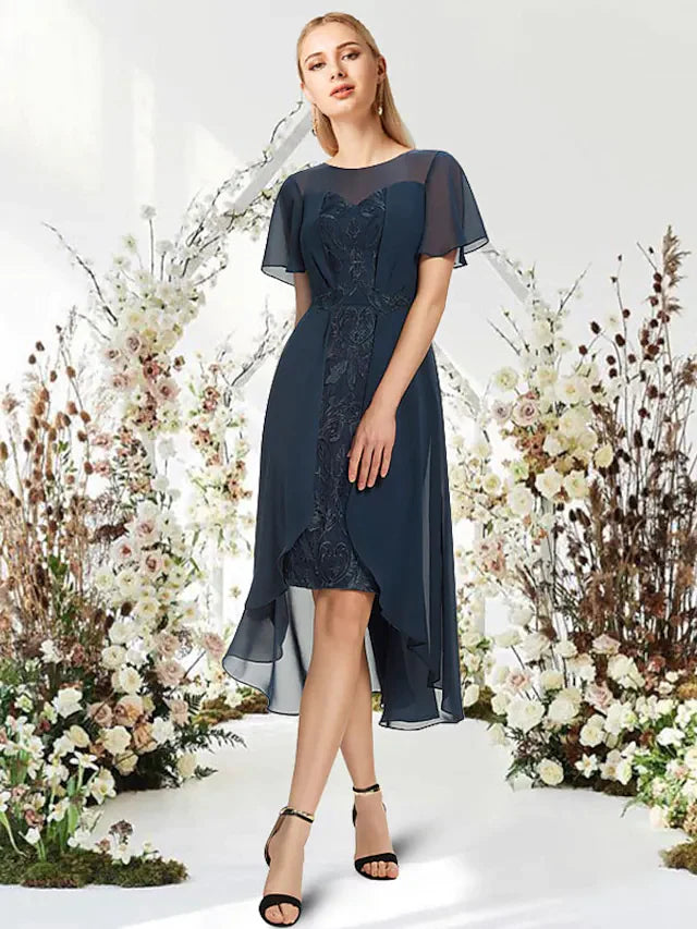 A-Line Empire Elegant Wedding Guest Engagement Dress Jewel Neck Short Sleeve Asymmetrical Knee Length Chiffon with Sleek