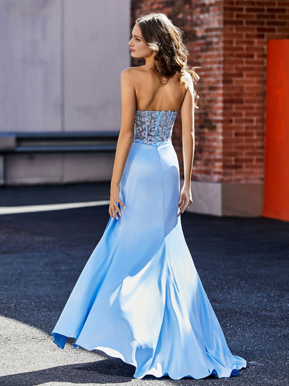 Gown High Slit Strapless Sheath Satin Prom Dress