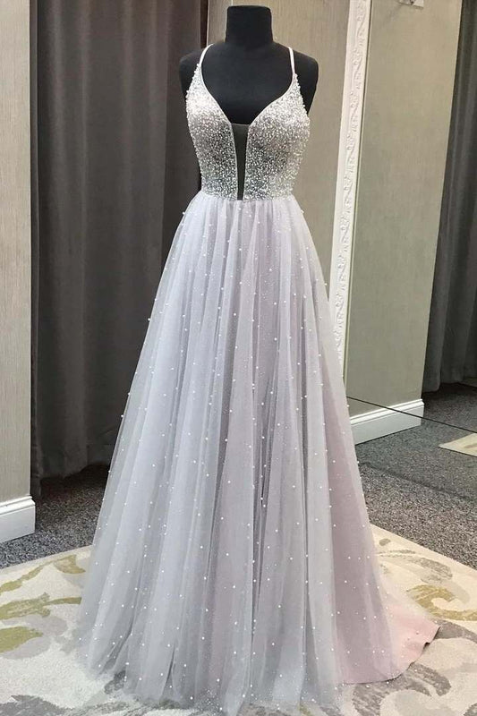 Tulle Beaded Sleeveless A-Line Prom Dress