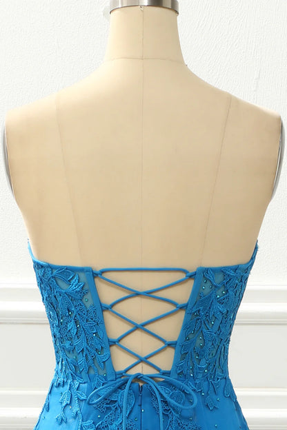 Blue Off-the-Shoulder Strapless Mermaid Slim-fit Prom Dress with Appliques
