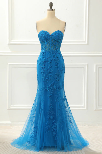 Blue Off-the-Shoulder Strapless Mermaid Slim-fit Prom Dress with Appliques