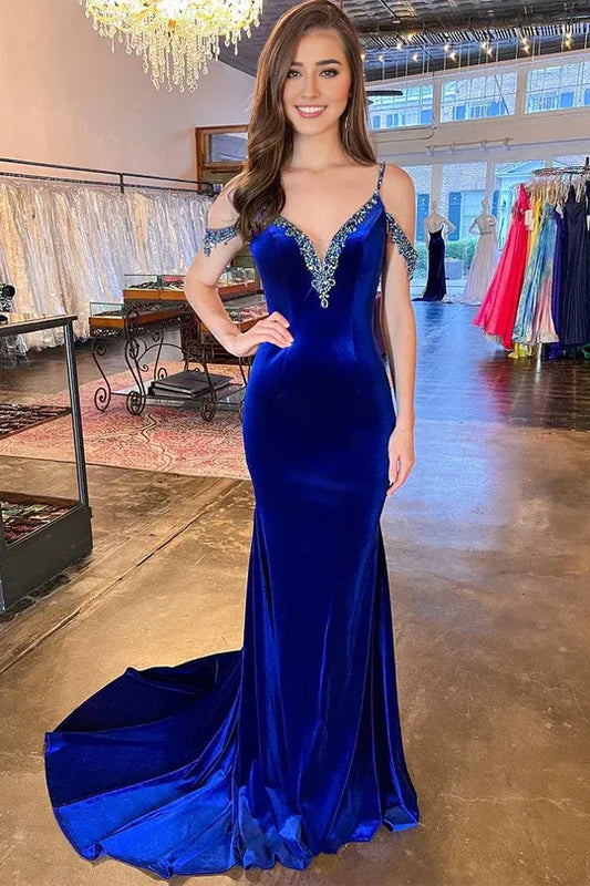 Cute Mermaid Off the Shoulder V-Neck Royal Blue Velvet Prom Dresses with Beaded