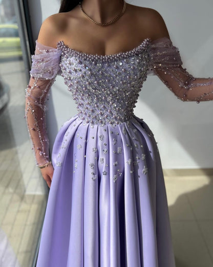 Sweep/Brush Train Evening Gown Off the shoulder Beading/Sequins Embroidery Long Prom Dress