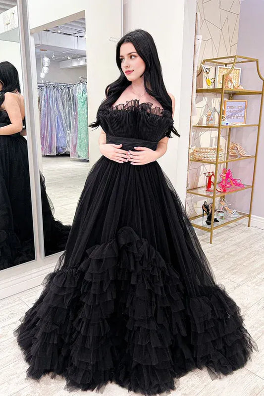 Cute Off-the-Shoulder Ball Gown Black Tulle Prom Dresses