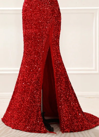 Mermaid Red Square Neck Sparkly Lace-Up Back Prom Dress with Fringes