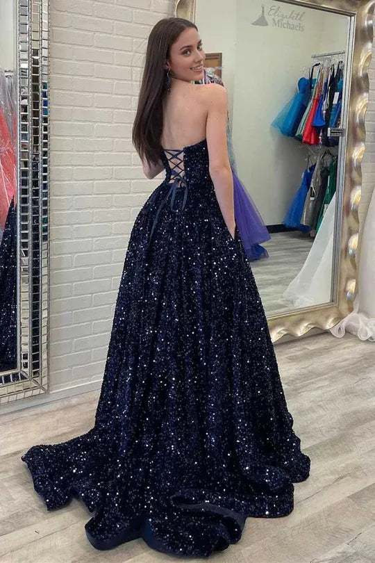 Sparkly A Line Off-the-Shoulder Strapless Navy Sequins Long Prom Dresses with Pockets