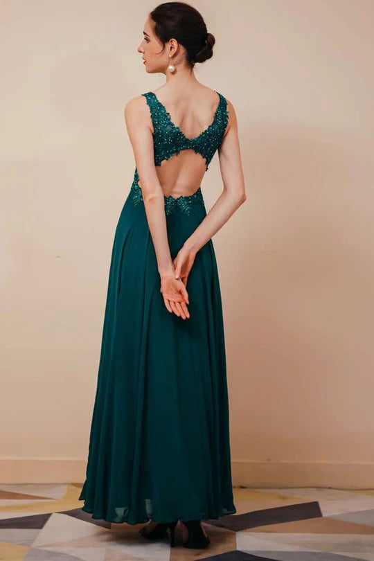 Chiffon V-neck High Side Slit Prom Gown with Applique