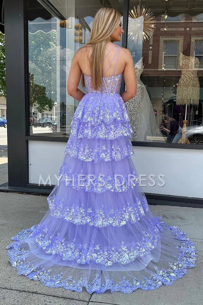 My Hers Ladies Formal Dress Mermaid One Shoulder Tulle Tiered Sequins Appliques High Quality Prom Dress