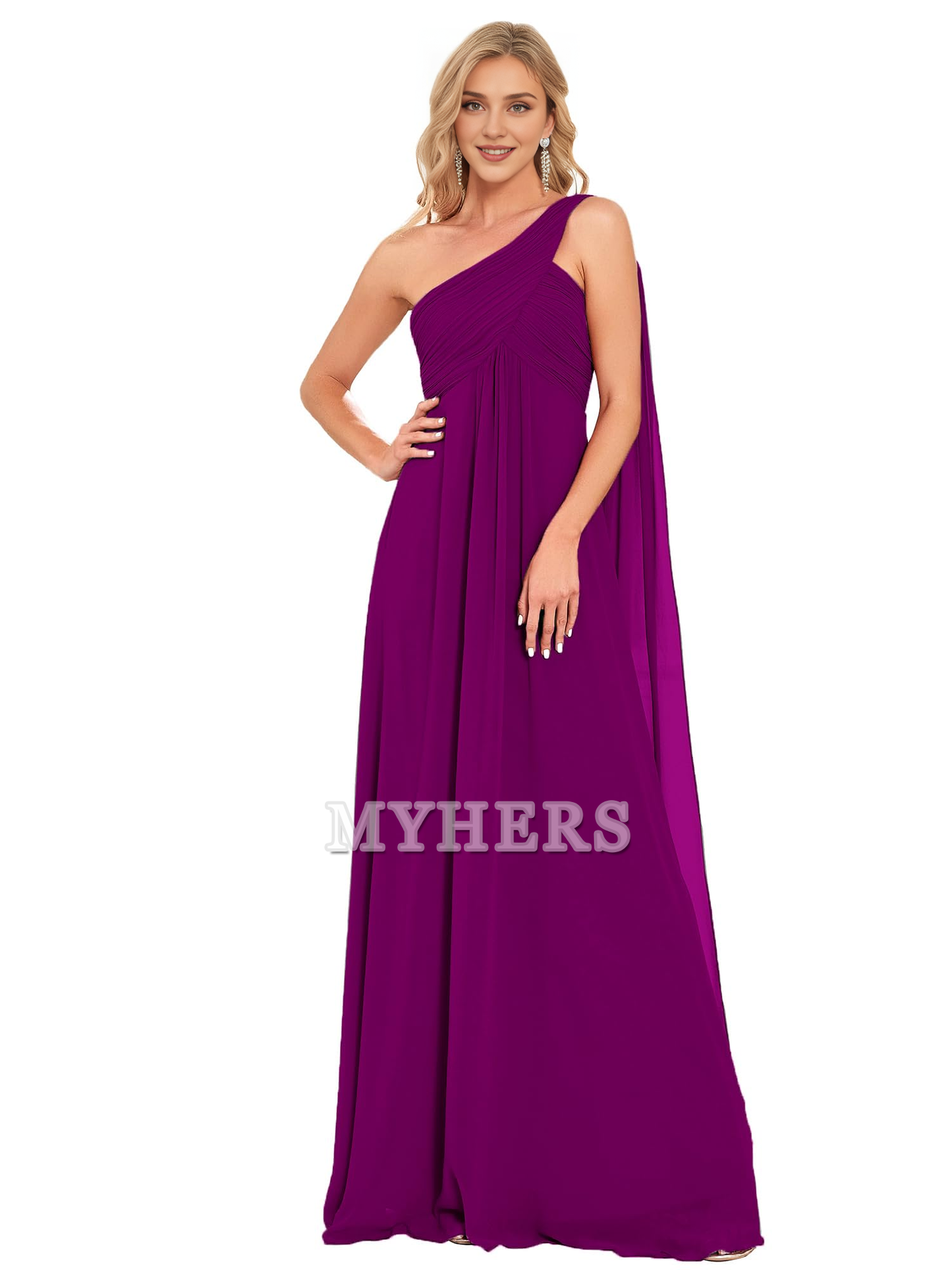 One Shoulder Empire Waist Chiffon Pleated Elegant Long Bridesmaid Dresses Wedding Guests Dresses