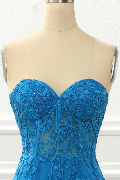 Blue Off-the-Shoulder Strapless Mermaid Slim-fit Prom Dress with Appliques