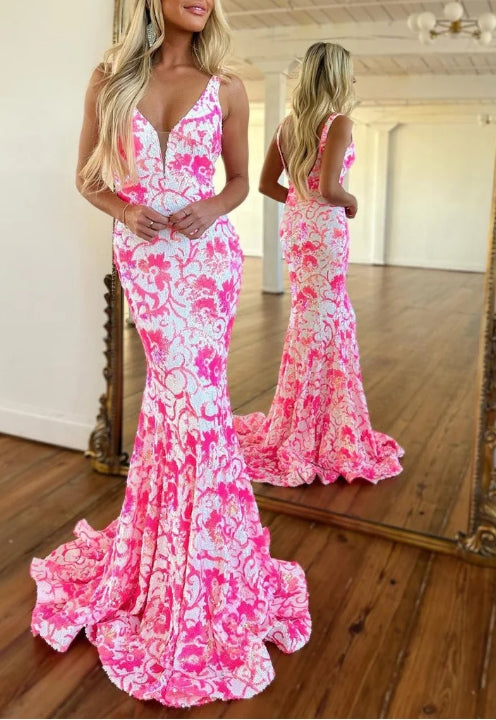 Gorgeous Mermaid V Neck Pink White Sequins Backless Floor-Length Long Prom Dress