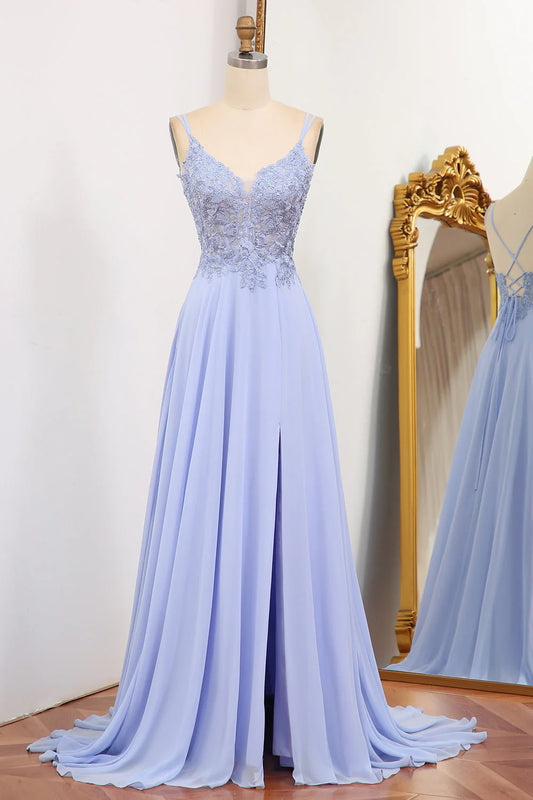 Lavender A Line V-Neck Spaghetti Straps Backless Long Prom Dress With Slit