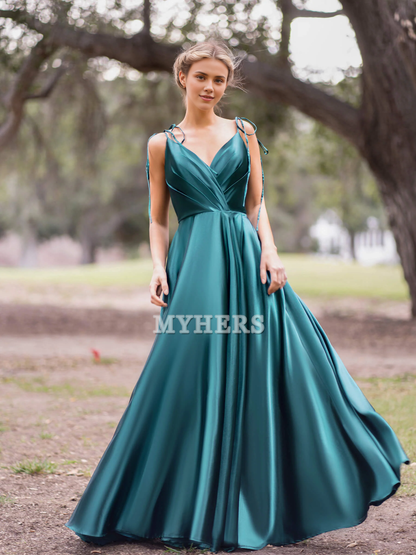 Formal Women's Dresses Deep V Neck A-Line Lace up Pleated Floor Length High Quality Elegant Evening Dress