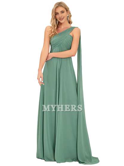 One Shoulder Empire Waist Chiffon Pleated Elegant Long Bridesmaid Dresses Wedding Guests Dresses