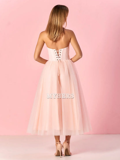 Formal Wear Dresses Wedding Guest Dresses Sweetheart Strapless Puffy Midi Tulle Dress Romantic Atmosphere Evening Dress
