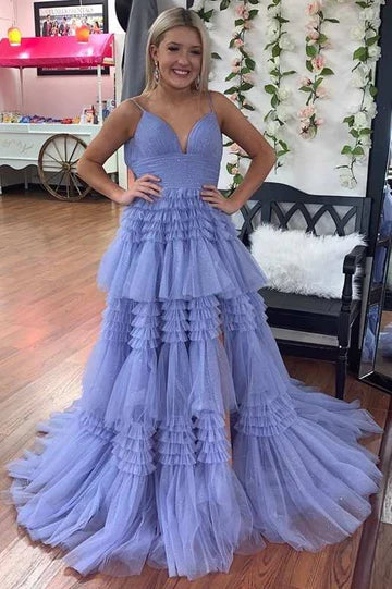 Tulle Multi-Tiered V-Neck Long Prom Dress