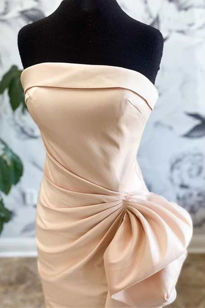 Champagne Satin Strapless Off-the-Shoulder Ruffles Mermaid Long Bridesmaid Dress