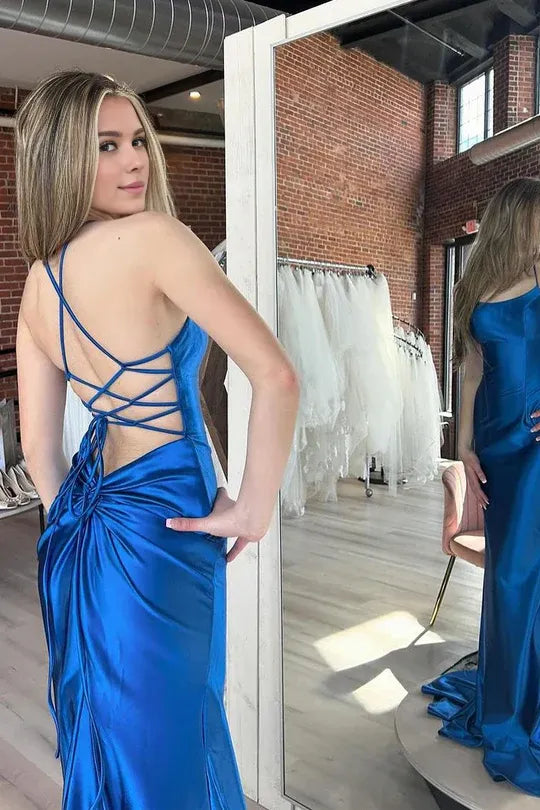 Royal Blue Scoop Neck Spaghetti Strap Satin Mermaid Lace-Up Back Long Prom Dress