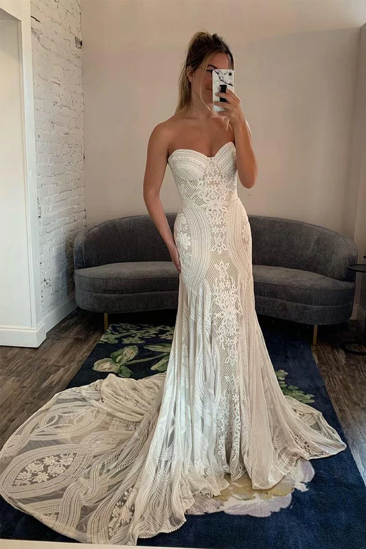 Elegant Mermaid Off-the-Shoulder Sweetheart Lace Mopping The Floor Wedding Dresses