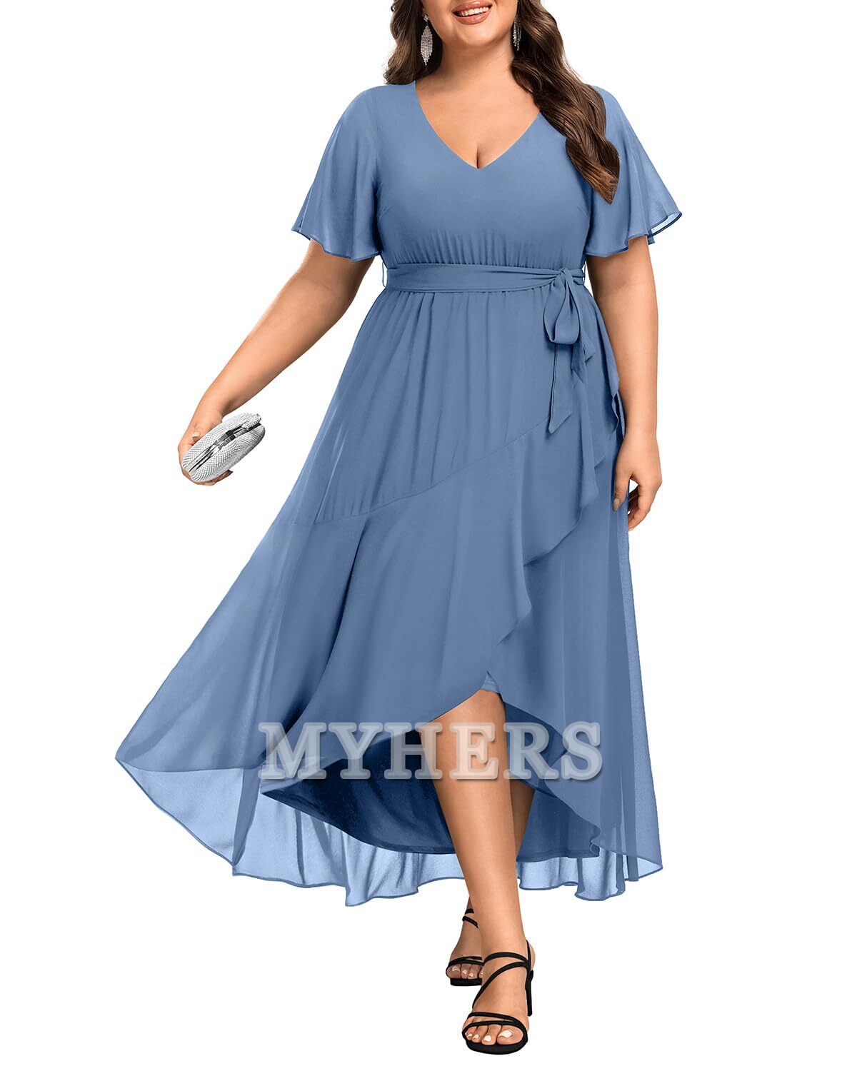 Plus Size Long Dress Chiffon High Low Split Ruffle Bridesmaid Dresses Wedding Guests Dresses