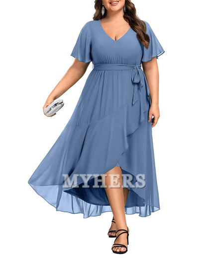 Plus Size Long Dress Chiffon High Low Split Ruffle Bridesmaid Dresses Wedding Guests Dresses
