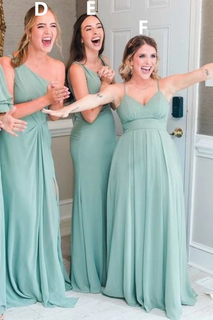 V-Neck/One-Shoulder/Off-the-Shoulder Mismatch Light Jade Chiffon Bridesmaid Dress