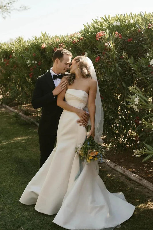 Mermaid Strapless Off-the-Shoulder Satin Floor-Length Wedding Dresses with Train