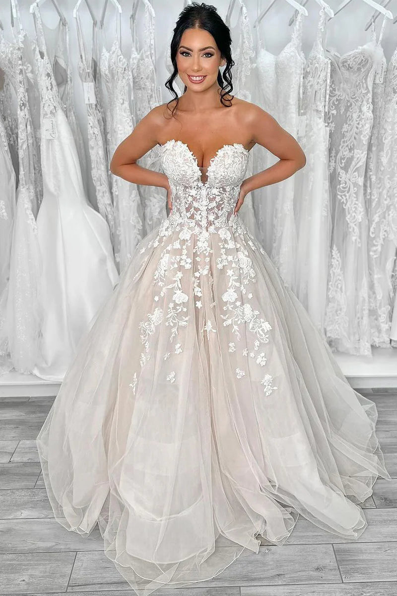 Elegant A-Line V-Neck Off-the-Shoulder Strapless Tulle Lace Floor-Length Wedding Dresses