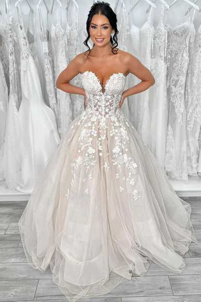 Elegant A-Line V-Neck Off-the-Shoulder Strapless Tulle Lace Floor-Length Wedding Dresses
