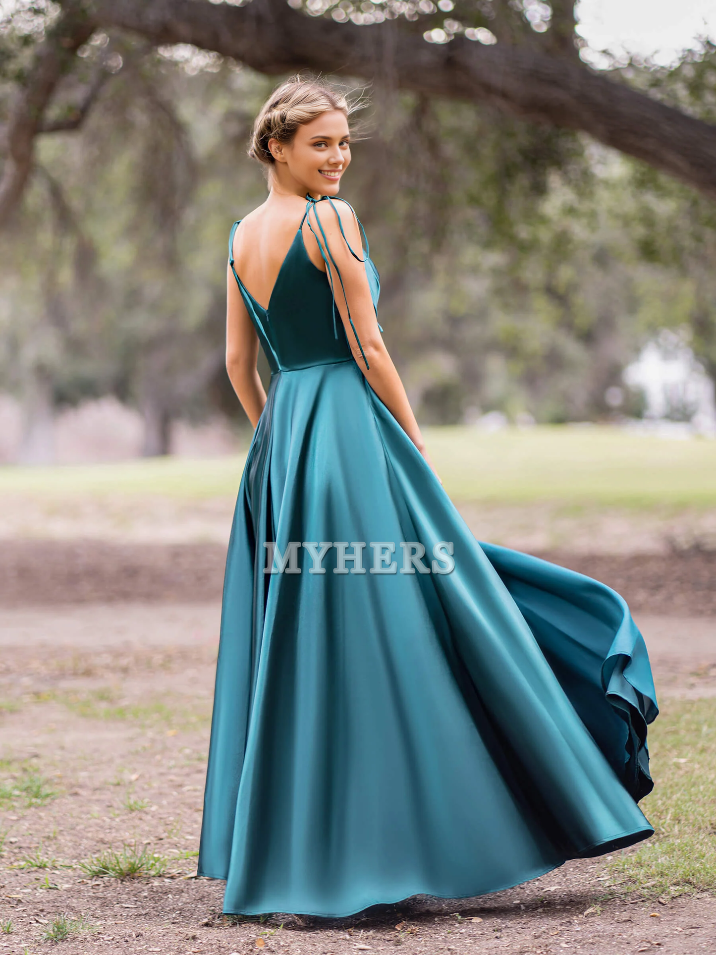 Formal Women's Dresses Deep V Neck A-Line Lace up Pleated Floor Length High Quality Elegant Evening Dress