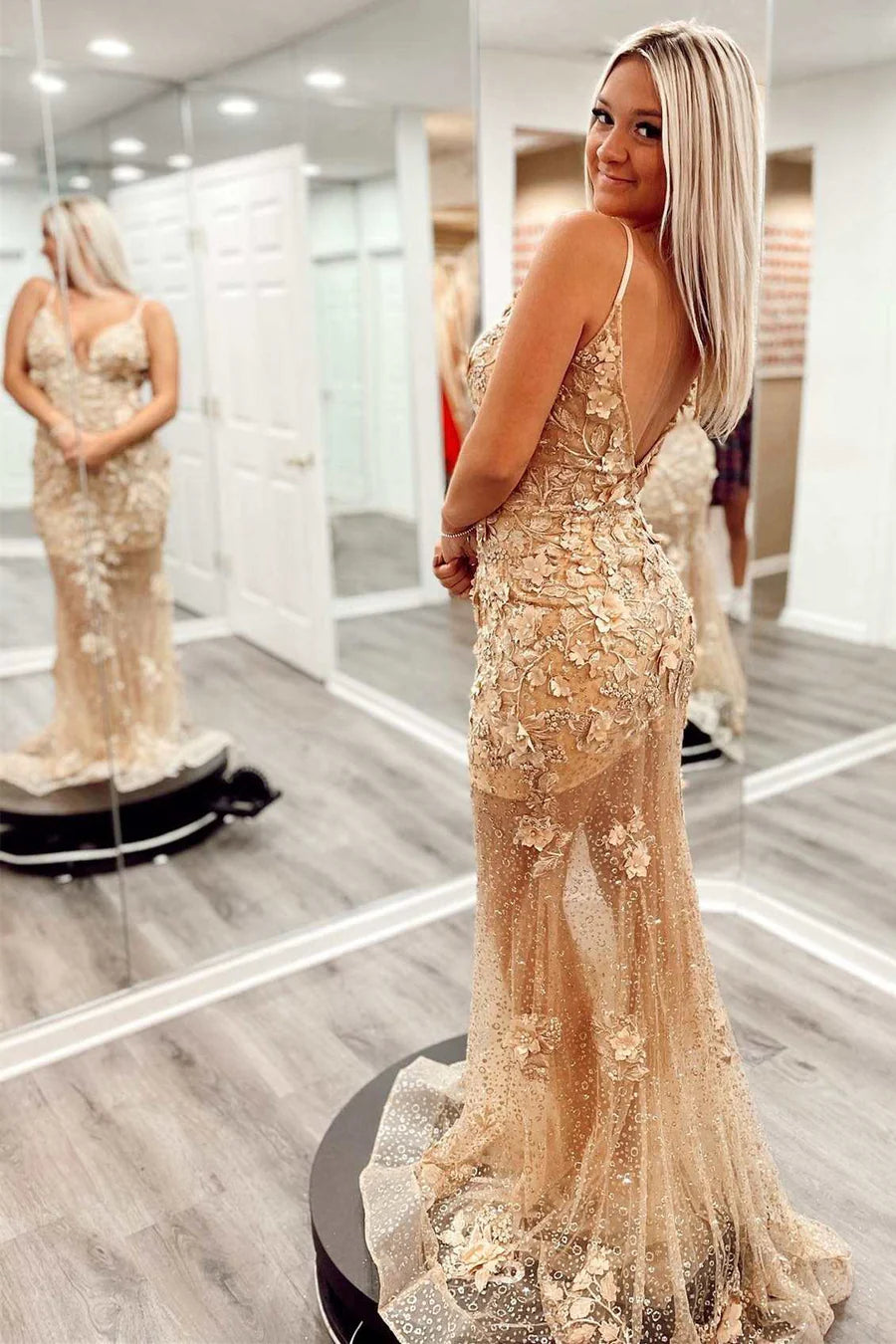 Sheer Mesh Floral Lace Backless Mermaid Long Prom Dress