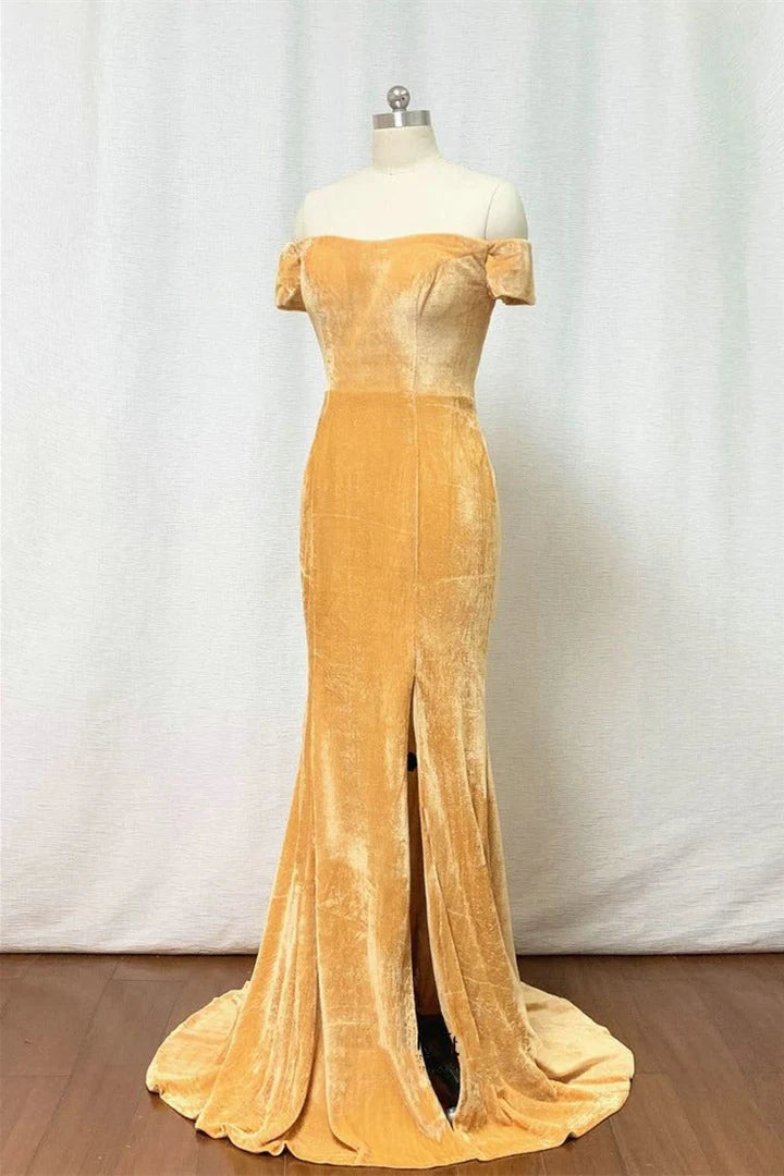 Gold Velvet Off-the-Shoulder Mermaid Formal Bridesmaid Dress