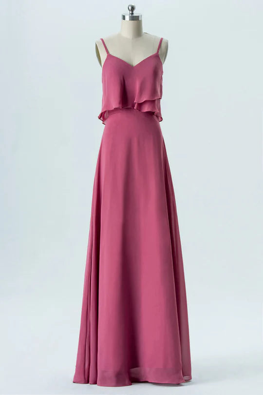 Magenta V-Neck Chiffon Straps Ruffled Sleeveless Bridesmaid Dress