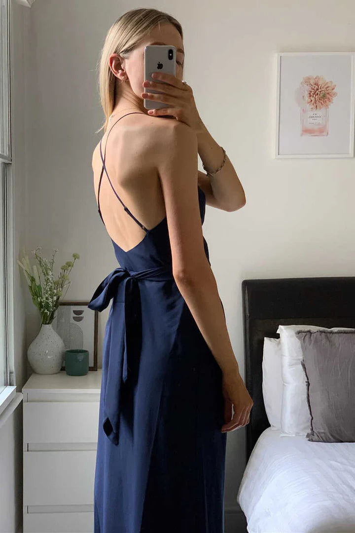 Navy Blue Chiffon Lace-Up V-Neck Backless Sleeveless Long Bridesmaid Dress