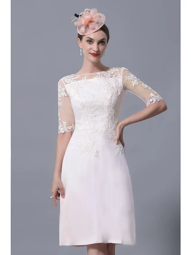 Mother of the Bride Dress Plus Size Elegant Jewel Neck Knee Length Polyester Short Sleeve with Lace