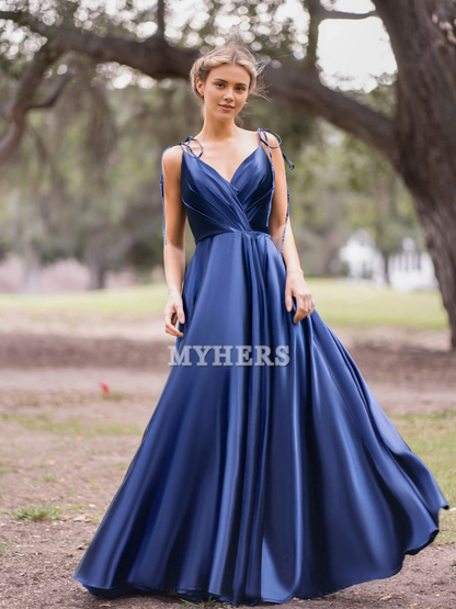 Formal Women's Dresses Deep V Neck A-Line Lace up Pleated Floor Length High Quality Elegant Evening Dress