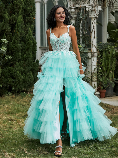 Tulle Gown Sweetheart Ruffle Skirt Tiered Slit Prom Dress