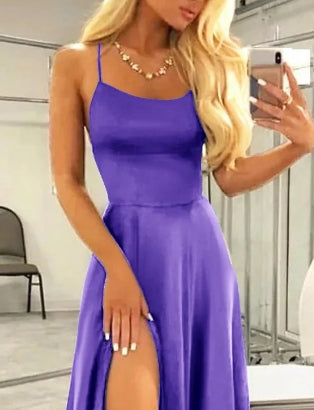 Orchid Square Neck Halter Lace-Up Back Backless A Line Satin Prom Dress