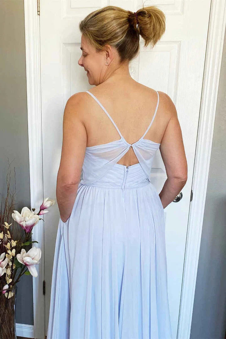 Light Blue Chiffon V-Neck Spaghetti Backless Long Bridesmaid Dress